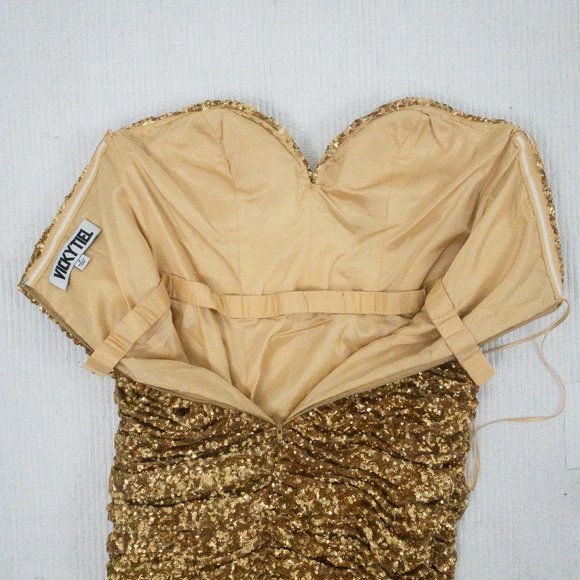 Vintage 90s SM Ruched Sequin Mini Party Dress Gold - Picture 9 of 16